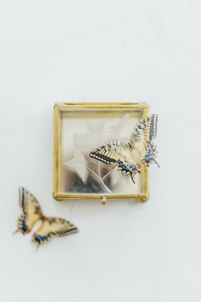 Verträumte Hochzeitsinspiration mit Schmetterlingen in einer Orangerie 40 hochzeitsinspiratoin sommerhochzeit schmetterling ringbox