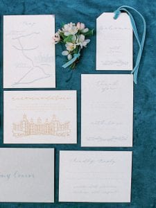 stationary in dusty blue color palette for a velvet themed wedding in a wedding castle in germany wedding venue germany