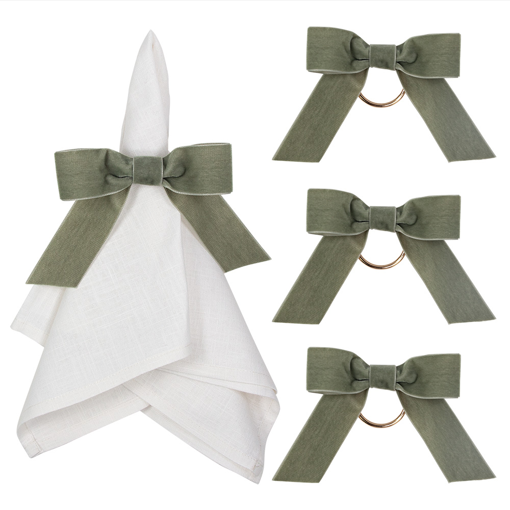 silk and linen napkin ring velvet velvet bow sage green 3