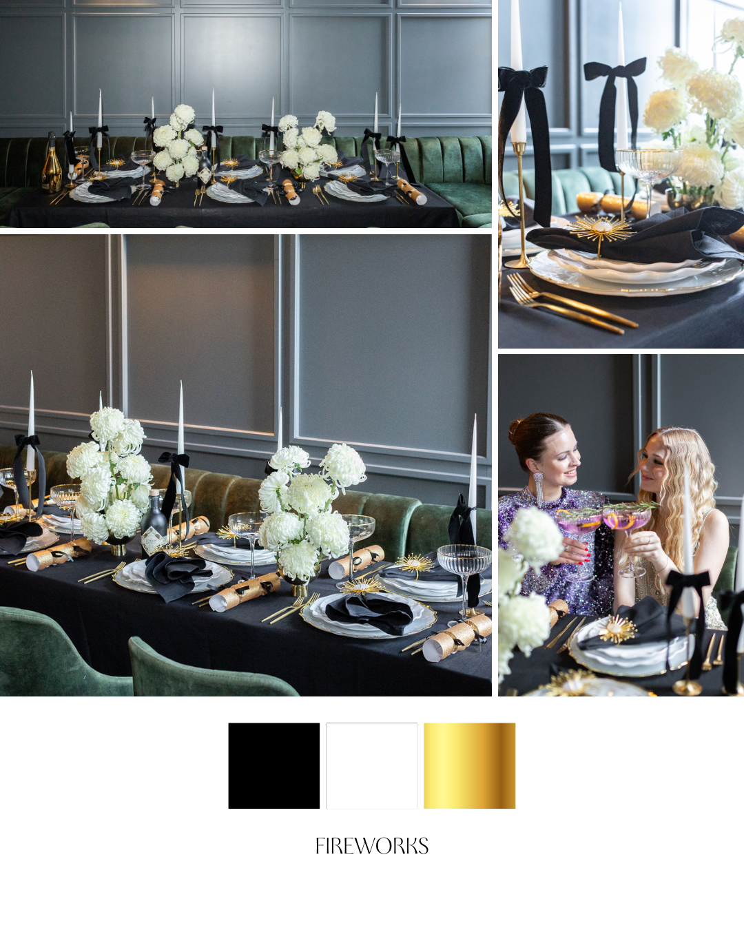 Farbpalette für eine glamouröse Silvester-Tischdeko: Gold, Schwarz und Weiß Farbpalette für eine glamouröse Silvester-Tischdeko in Gold, Schwarz und Weiß mit eleganten Akzenten, die Luxus und Festlichkeit ausstrahlen.