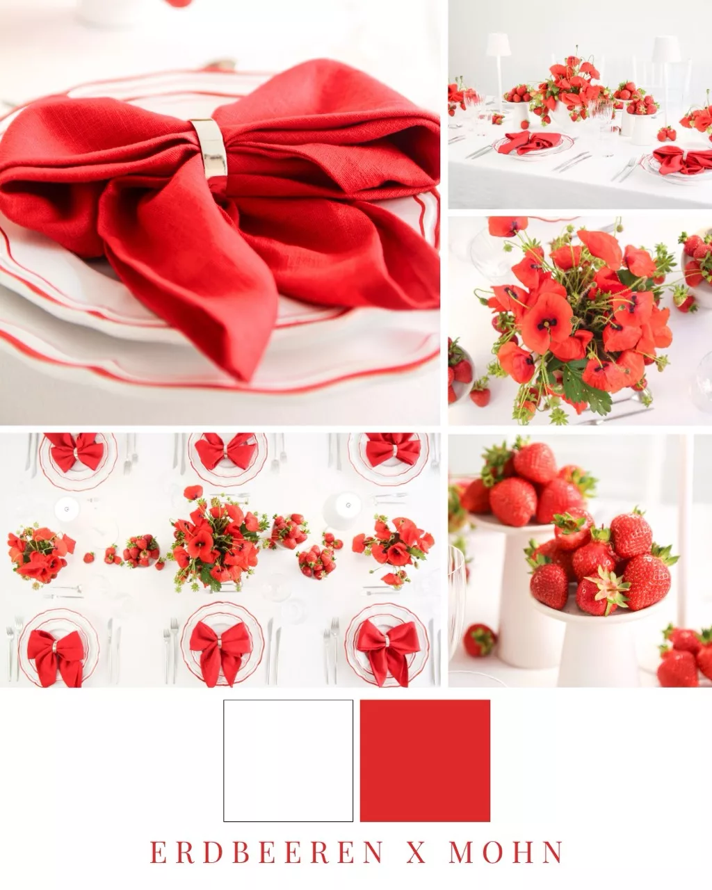 Colour palette in strawberry red and white with poppies, strawberries and summer table decorations