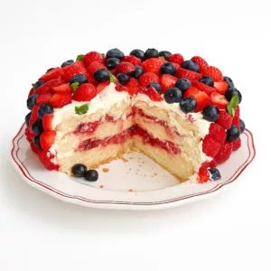 Slice of a three-layer strawberry tart with mascarpone cream, served on a red rimmed Smerlato plate