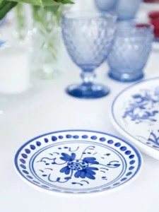 Butter dish with blue floral pattern in Mediterranean style.