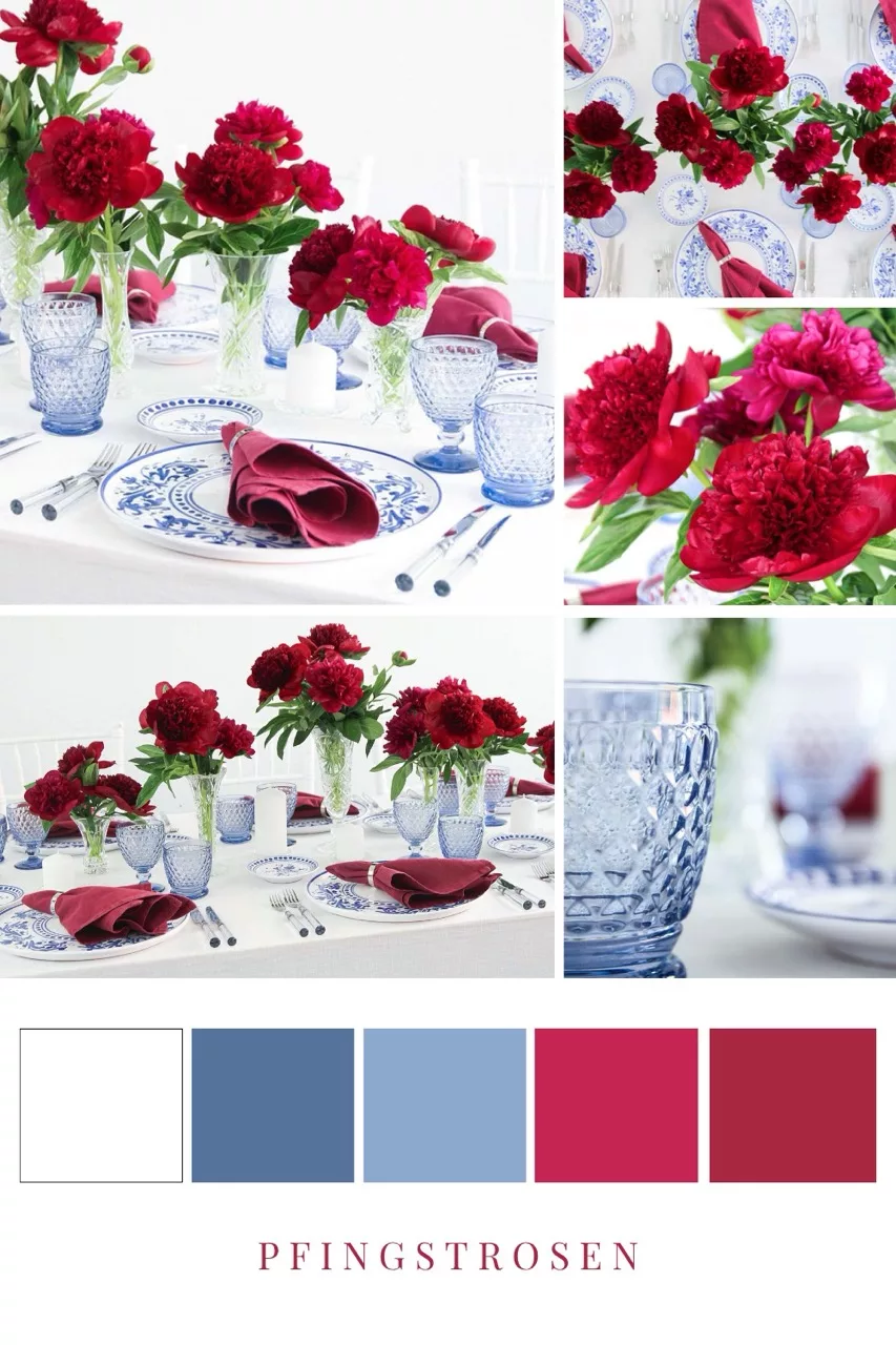 Peony colour palette video (Pinterest pin) - Colour palette Collage with table decoration of peonies in red and blue, complemented by a harmonious colour palette.