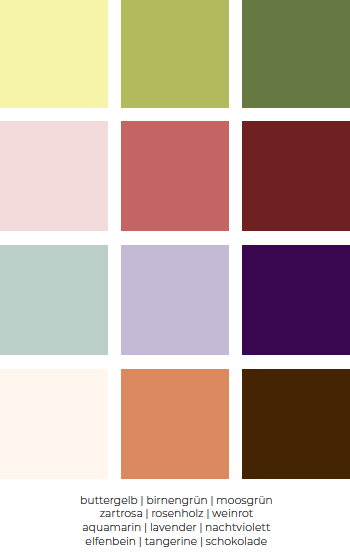 Colour cards in yellow, green, pink, red, purple, blue and neutral tones as a trend palette for the event design table decoration trends 2026/27.