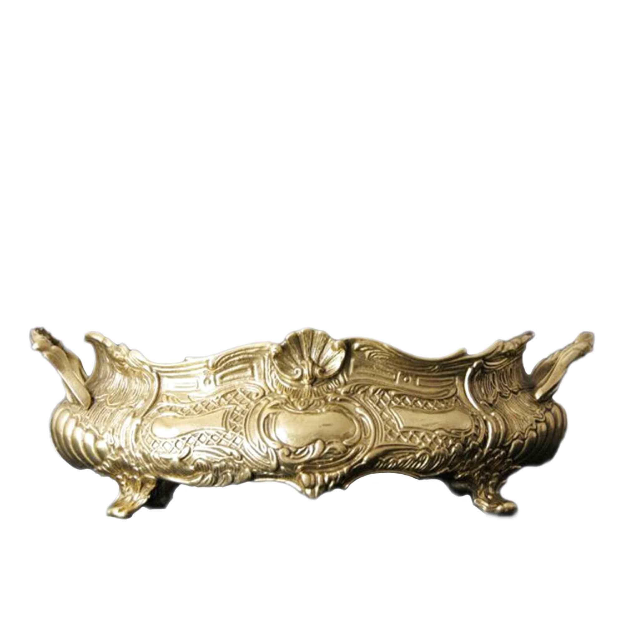 Antique golden jardinière in neo-baroque style with ornamental relief and curved shapes - an example of handcrafted details in event design.