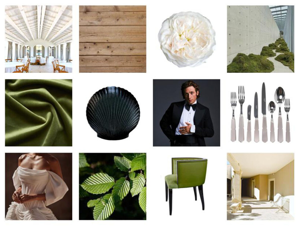 Mood board with velvet, wood textures, white blossom and black ceramic