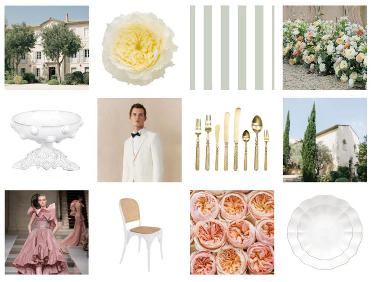 Moodboard Reve du Rivage with roses, textile strips, gold-coloured cutlery and southern French architecture.