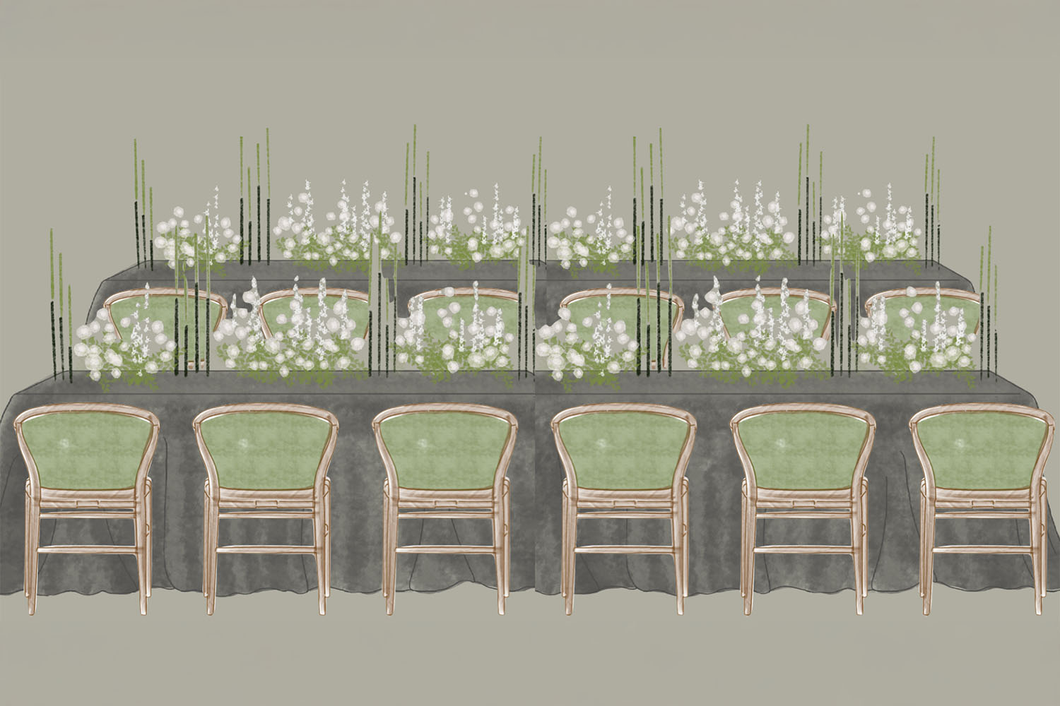 Long table with white and cream-coloured rose arrangements and tall candles