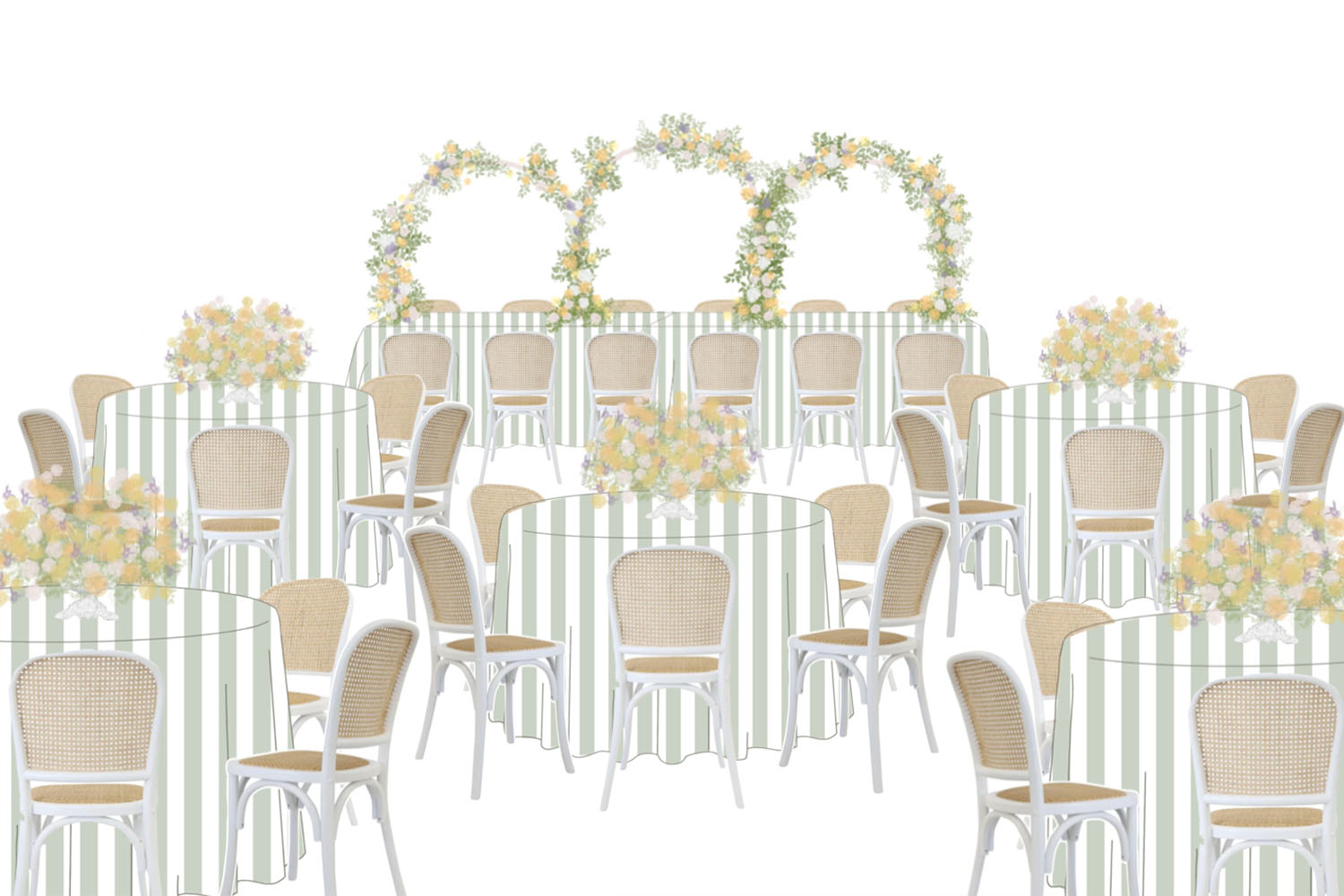 Long table with white and cream-coloured rose arrangements and tall candles