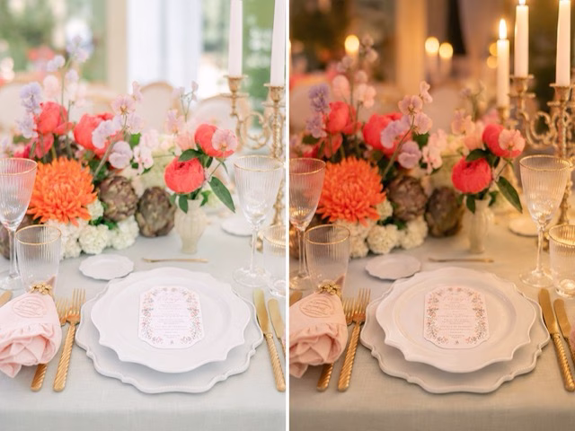 Direkter Vergleich der Lichtwirkung auf Farben bei Tageslicht und warmer Abendbeleuchtung am Hochzeitstisch.